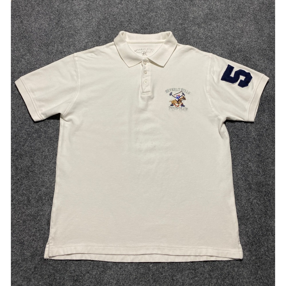 Beverly Hills Polo Club Mens White Short Sleeve Pique Polo Shirt Size M Logo